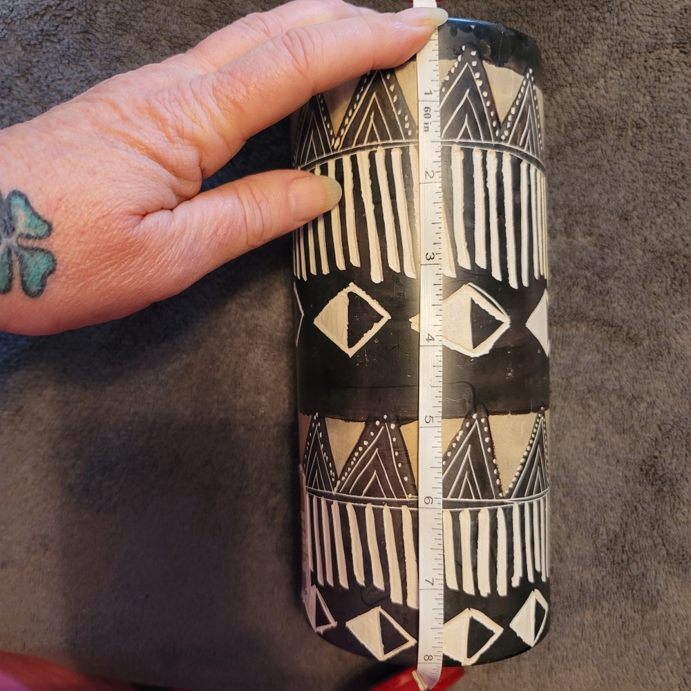 NWT. Kenyan Handcarved Soapstone Black and White Geometric Vase.